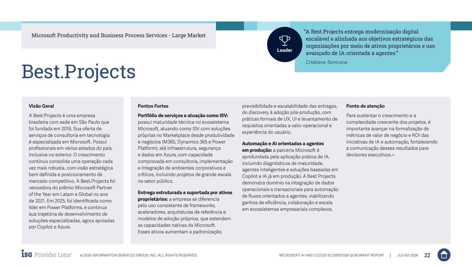 Perfil da Best.Projects no relatório ISG Provider Lens 2026 - Leader